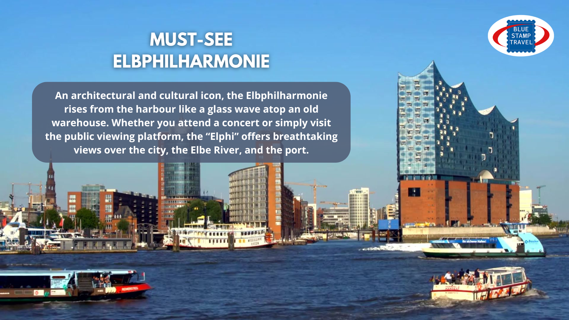 The river Elbe in Hamburg, with pleasure and tourist craft plying the water and tall buildings in the background