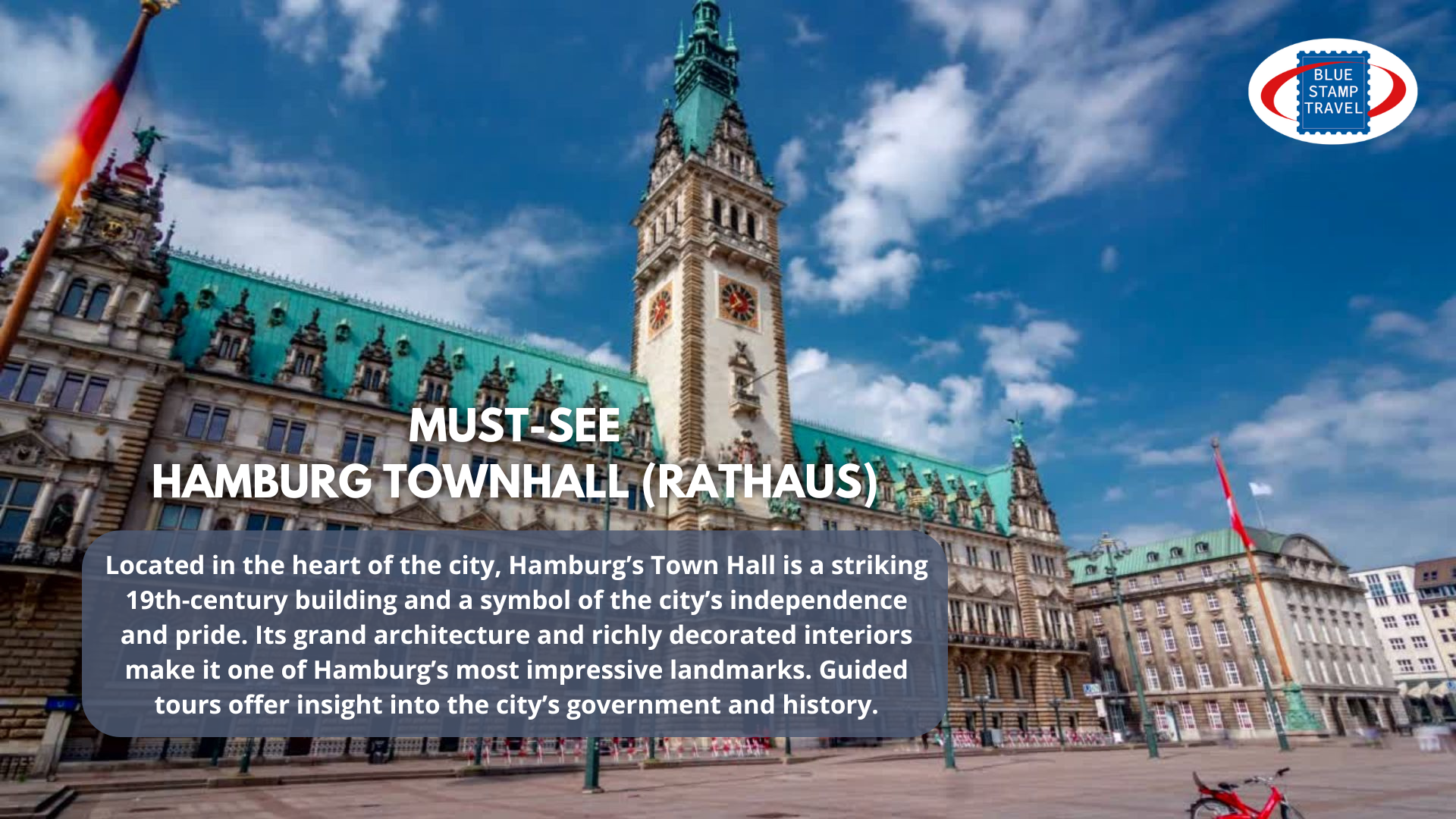 The grand Town Hall in Hamburg, with neo-Gothic decorations and its striking green copper roof.