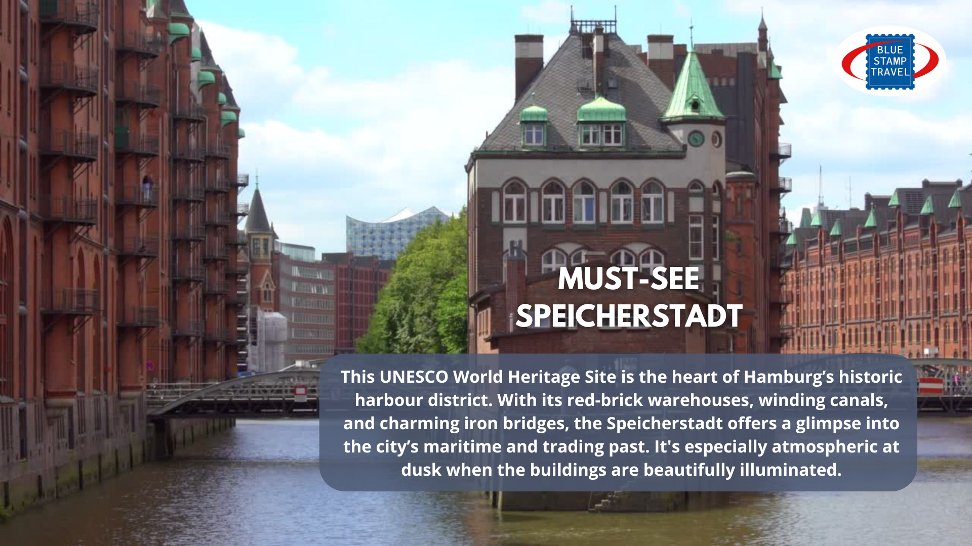 The distinctive brick warehouses of the Speicherstadt district of Hamburg, which rise directly out of the waters of the Elbe
