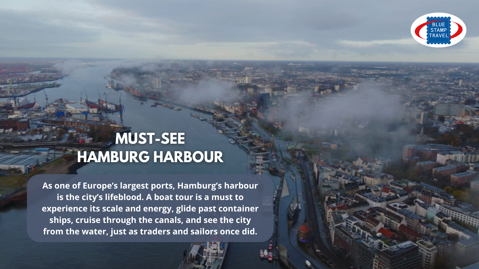 An aerial view over the port of Hamburg with clouds