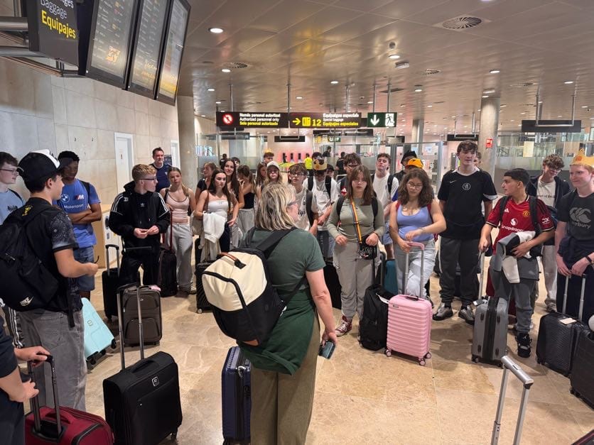 Photos of students at an airport.