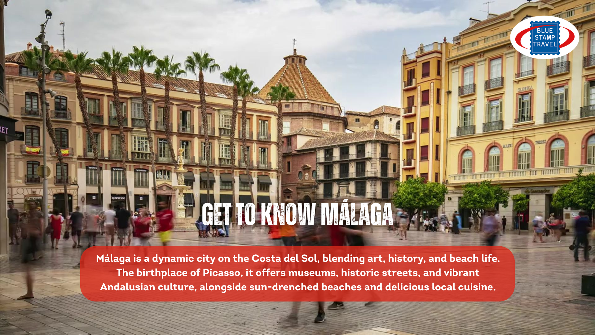 A square in Malaga with blurred images of tourists criss-crossing the scene