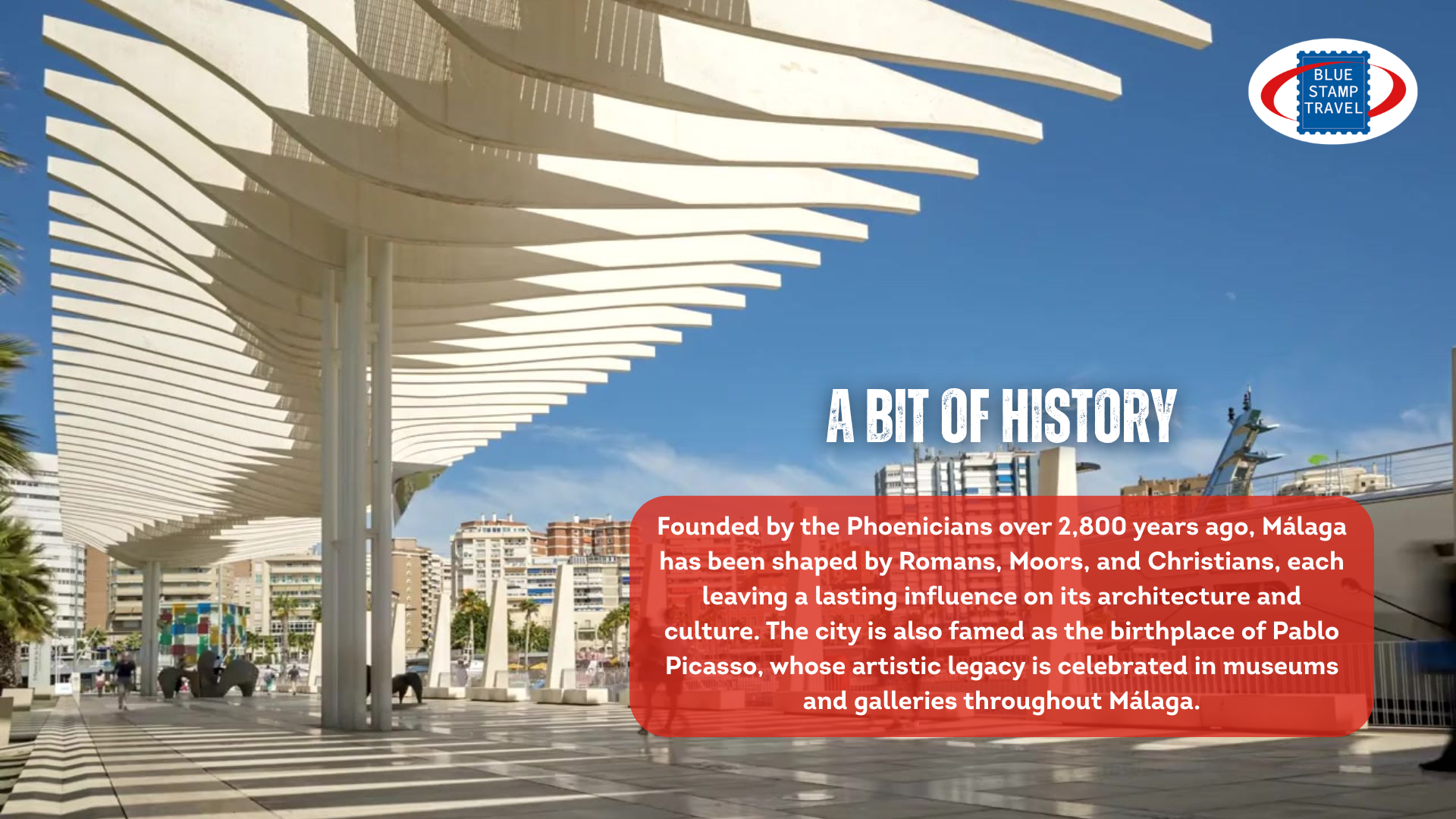 A promenade in Malaga with a roof reminiscent of a fish casting dappled shade on the pavement