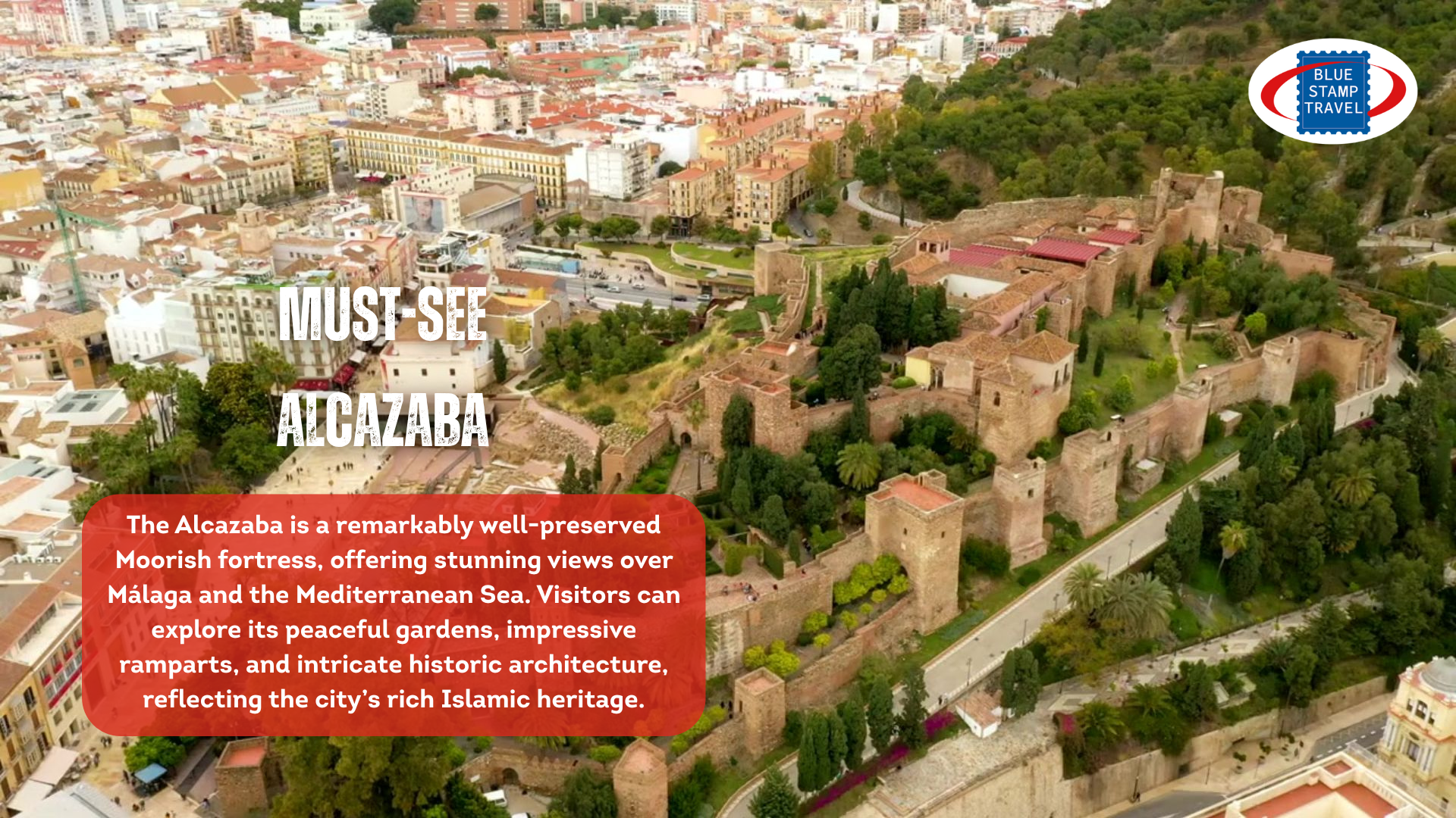 An aerial view of the Alcazaba fortress in Malaga, with its thick walls and many towers
