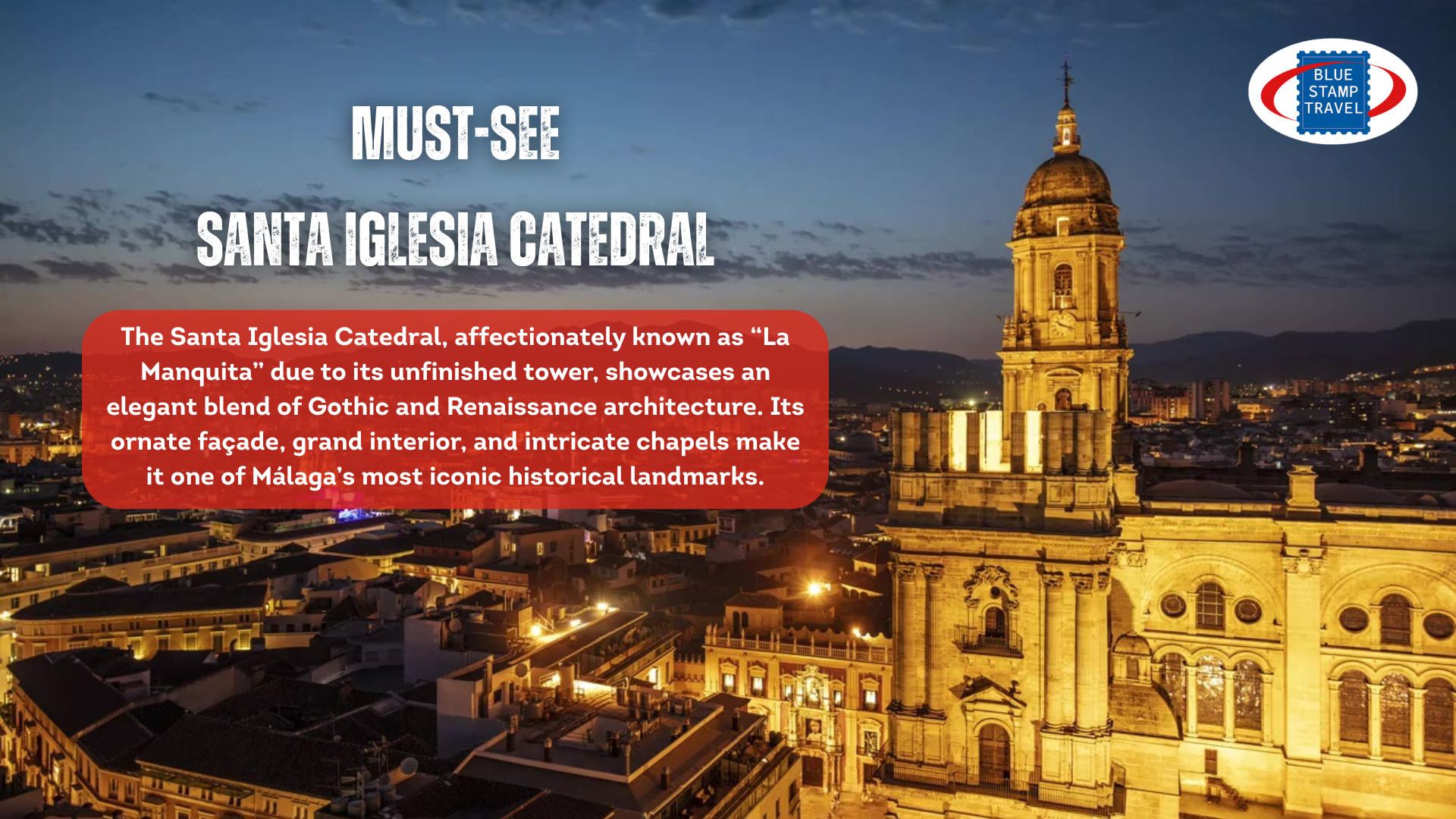 A view of the tower of Malaga cathedral in the gloaming