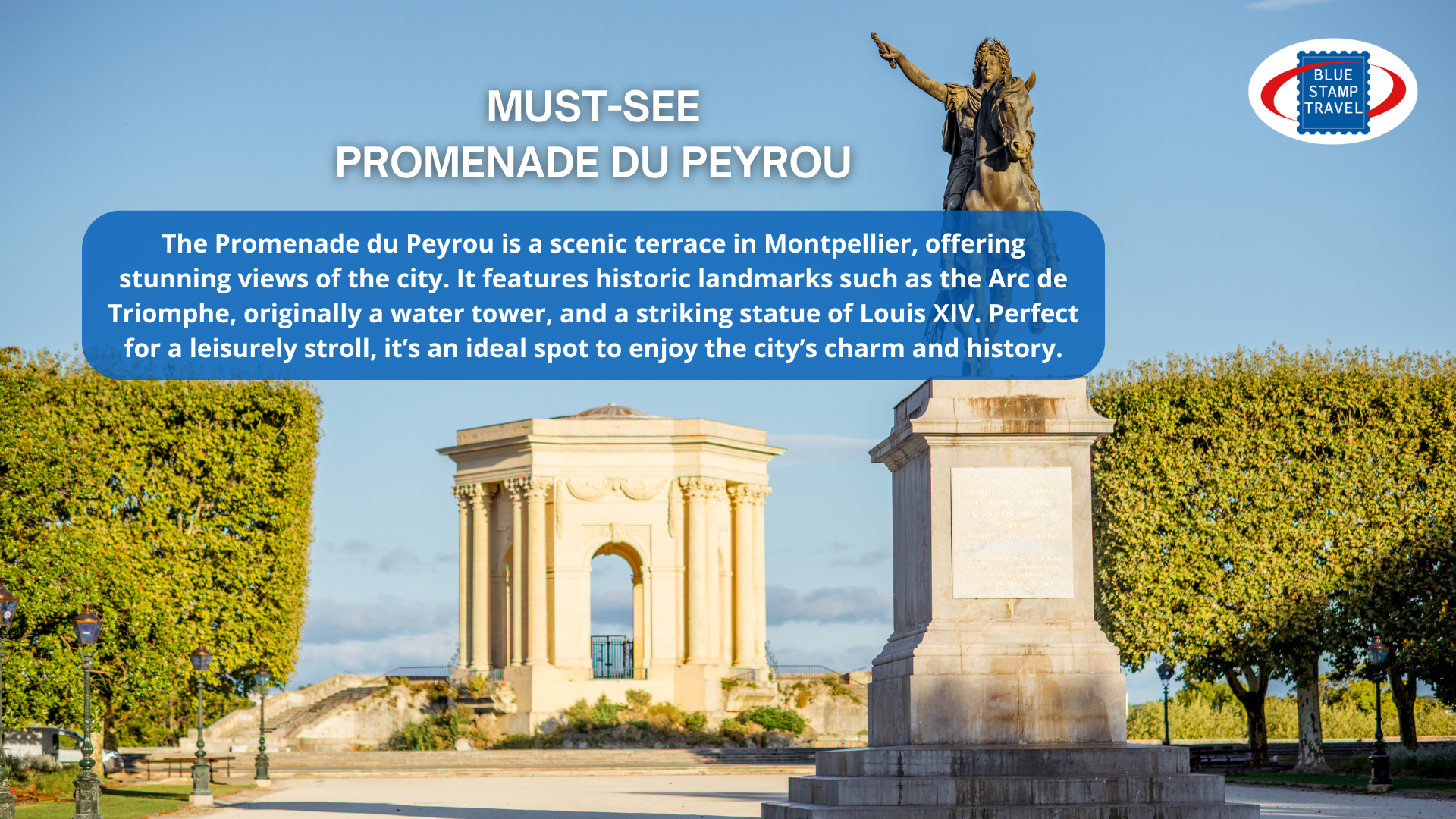An equestrian statue of Louis XIV in front of the Arc de Triomphe in the Promenade du Peyrou in Montpellier