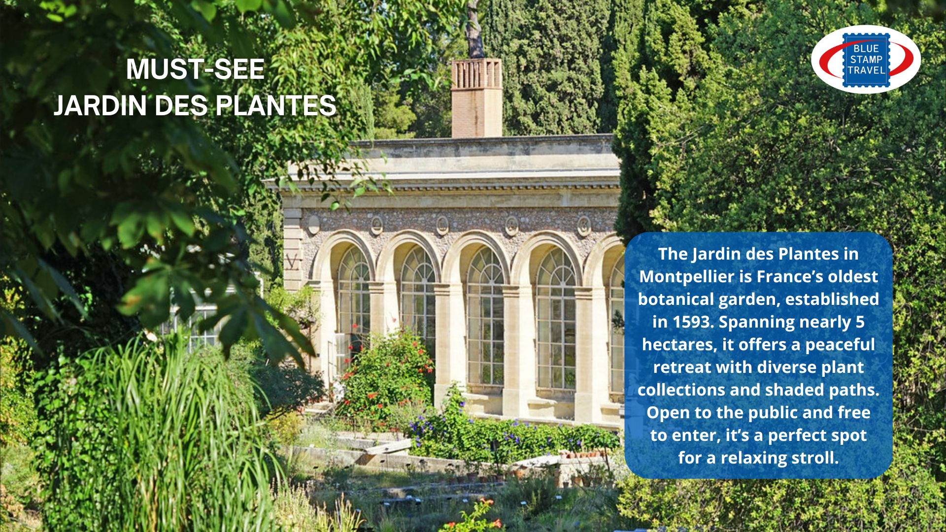 A building surrounded by plants and trees in the Jardin des Plantes in Montpellier