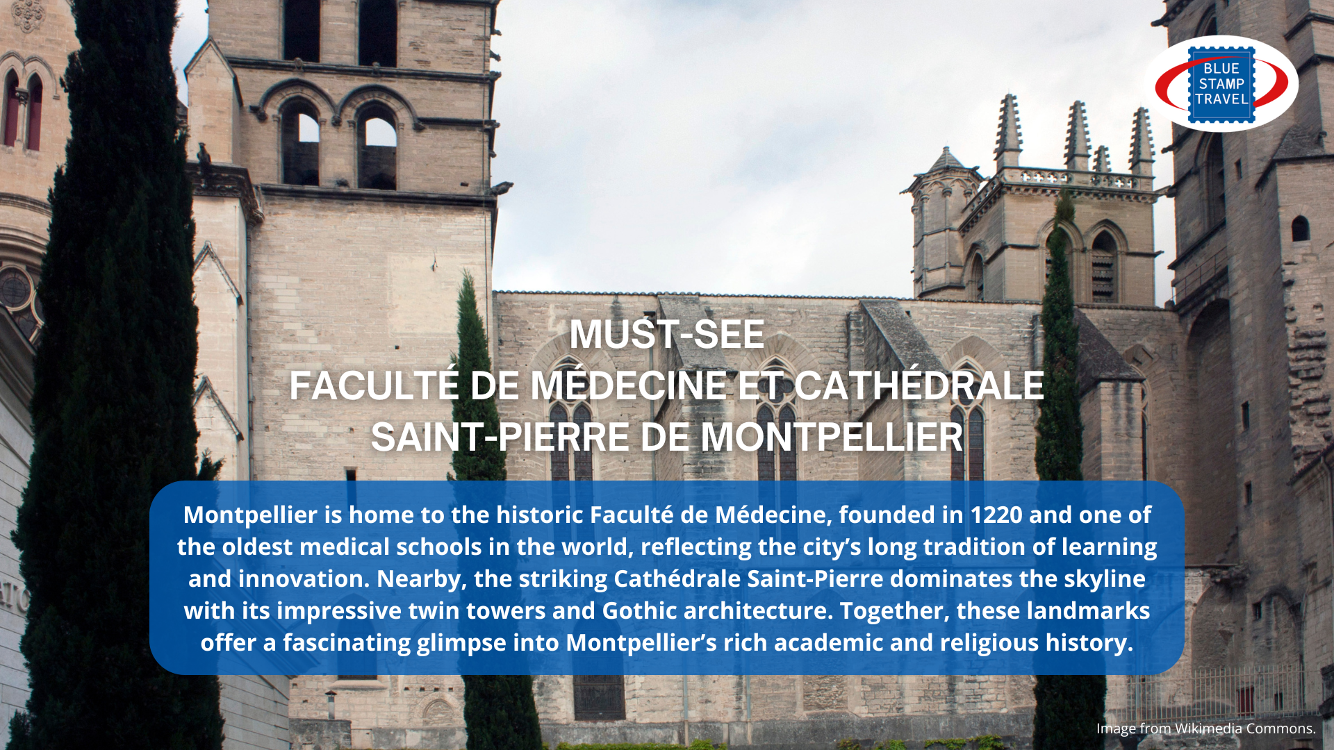 The north side of Montpellier Cathedral, with gothic windows and towers.