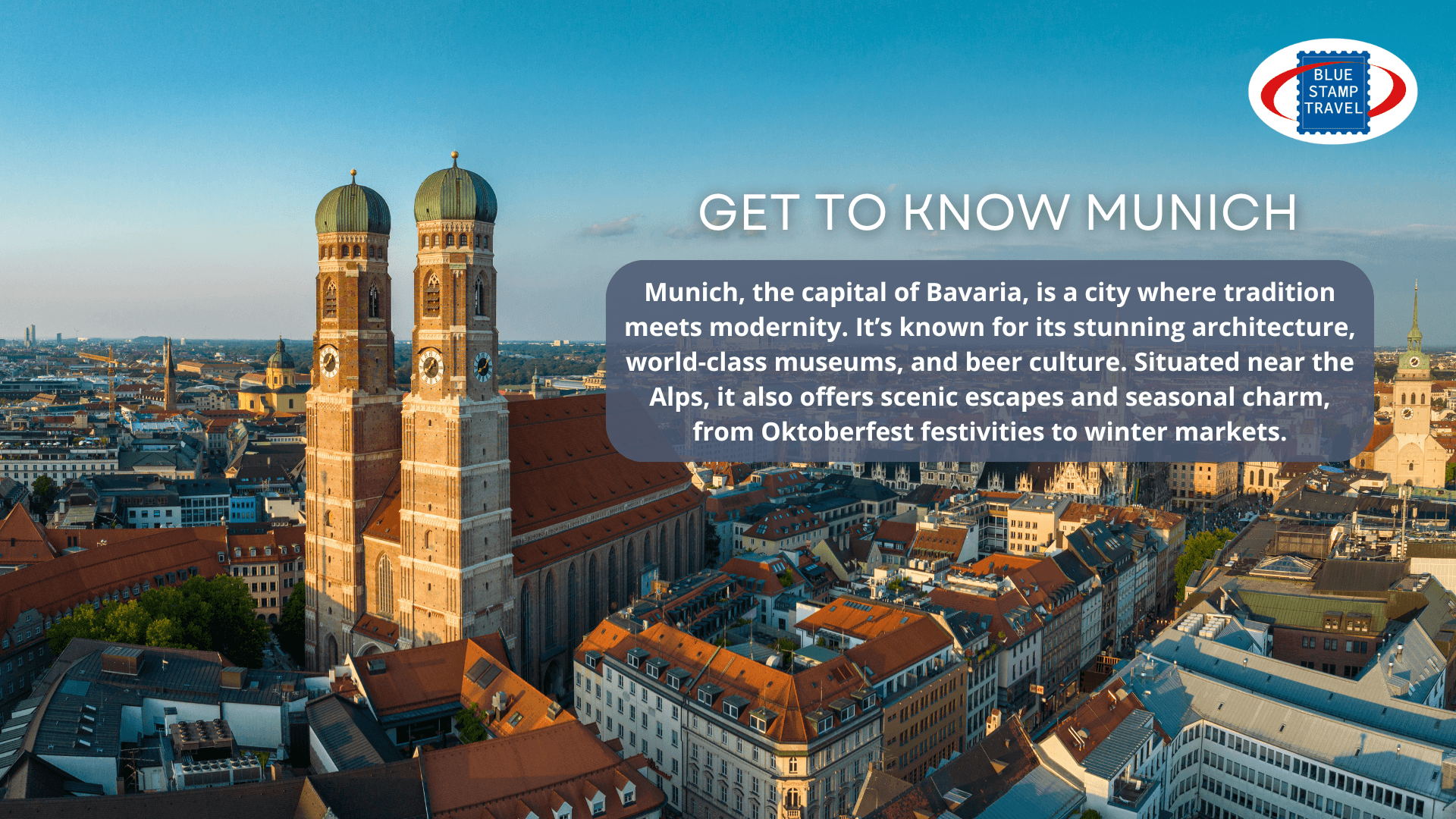 A view over the roofs of Munich with the towers of the Frauenkirche in the foreground
