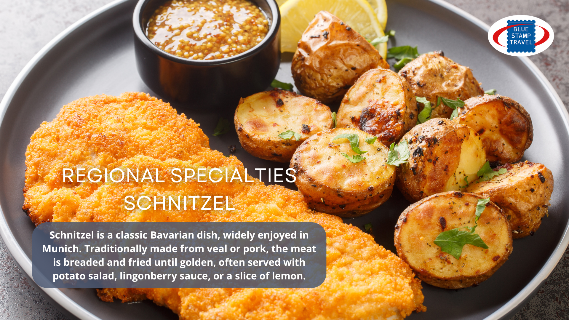 A plate of food with a golden schnitzel, potatoes and a small pot of wholegrain mustard