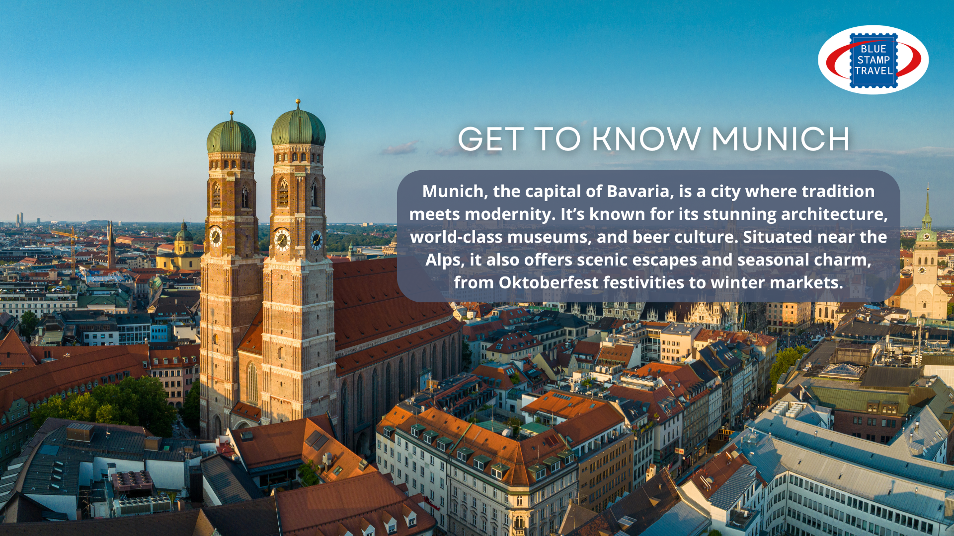 An aerial view of central Munich, dominated by the twin towers of the Frauenkirche