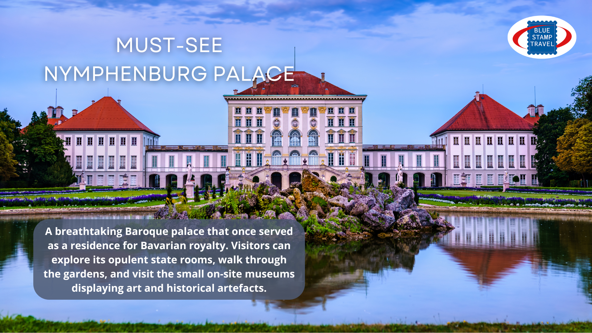 The imposing facade of Nymphenburg Palaace with a roccoco fountain in the foreground.