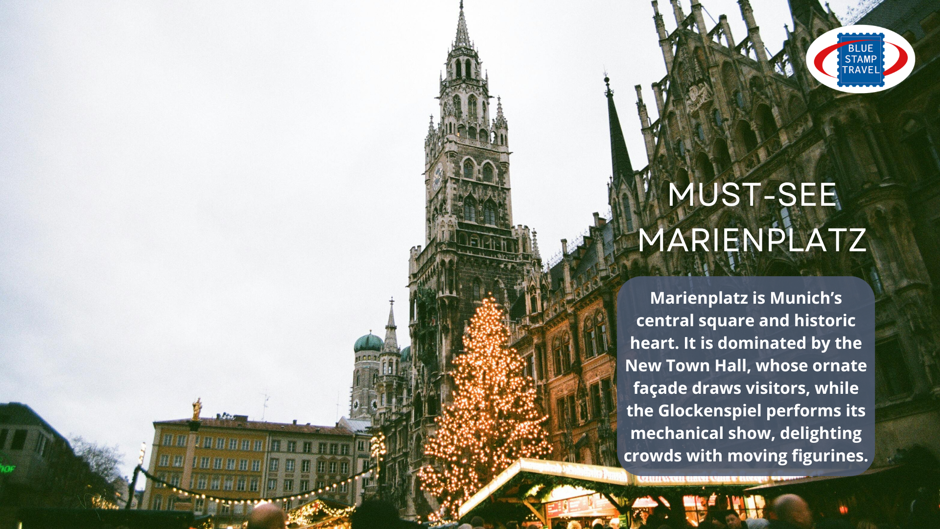 The neo-Gothic facade of Munich's new town hall, with a Christmas tree in the foreground.