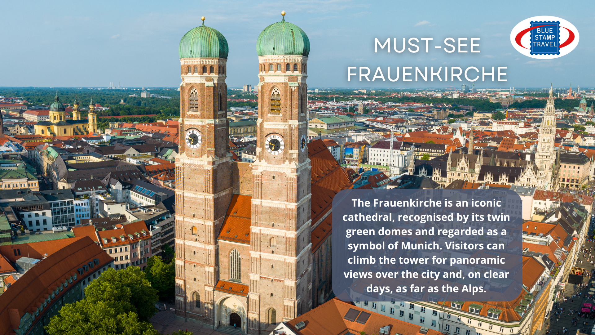 An aerial view of the imposing towers of the Frauenkirche in Munich
