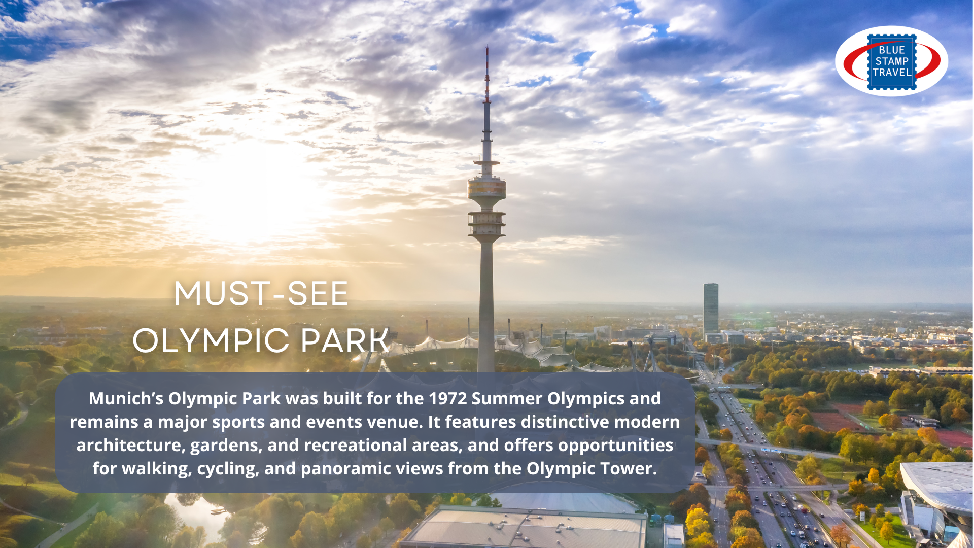 An aerial view of the Olympic Park with its iconic tower