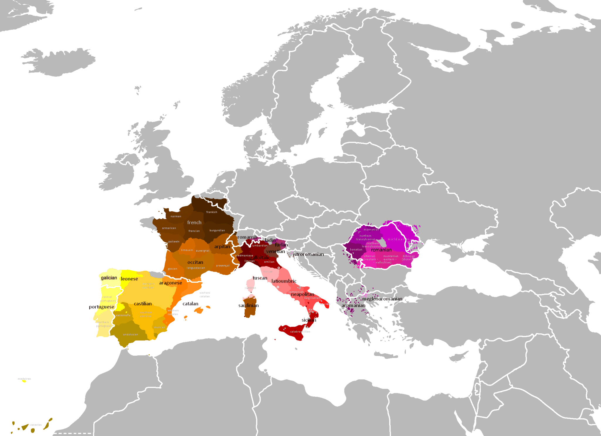Map of the Romance Languages across Europe.