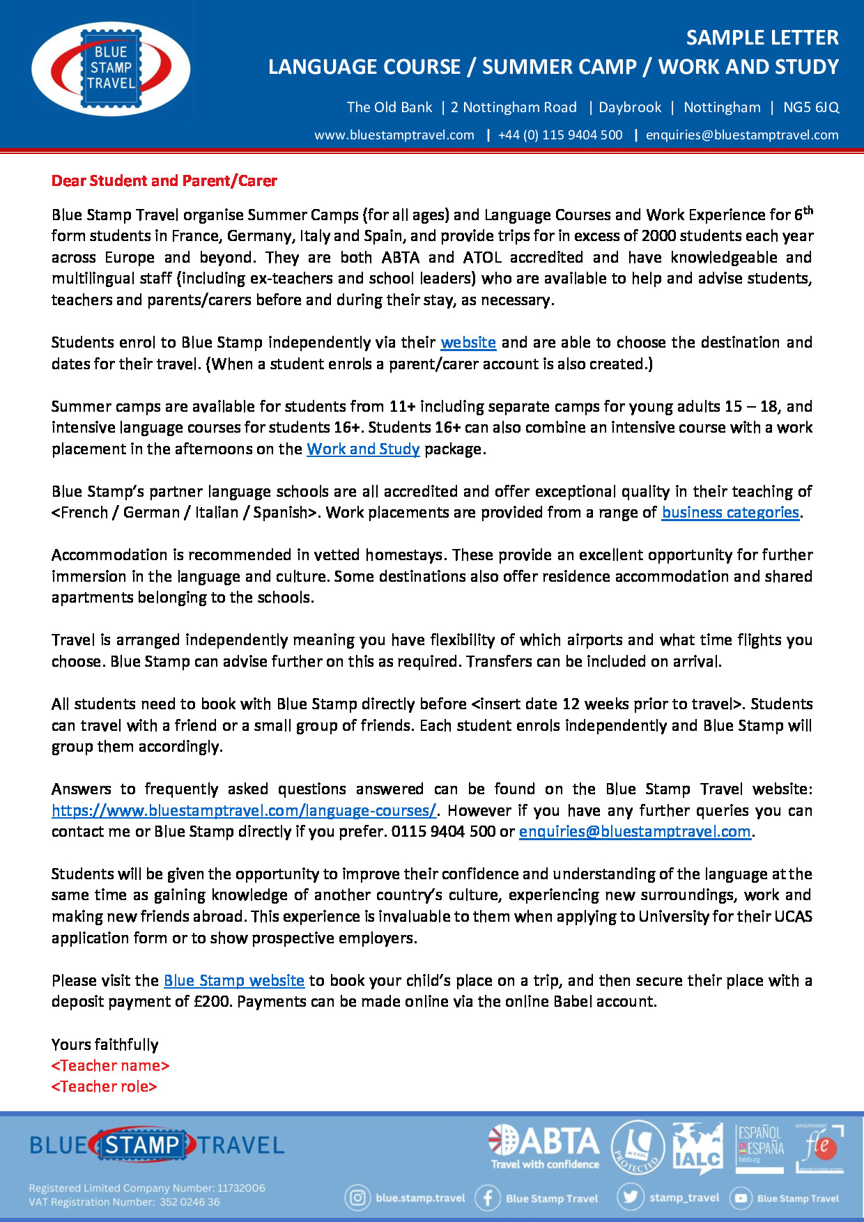 Letter to Parents – template text for Summer Camps, Intensive Language Courses and Work and Study packages.