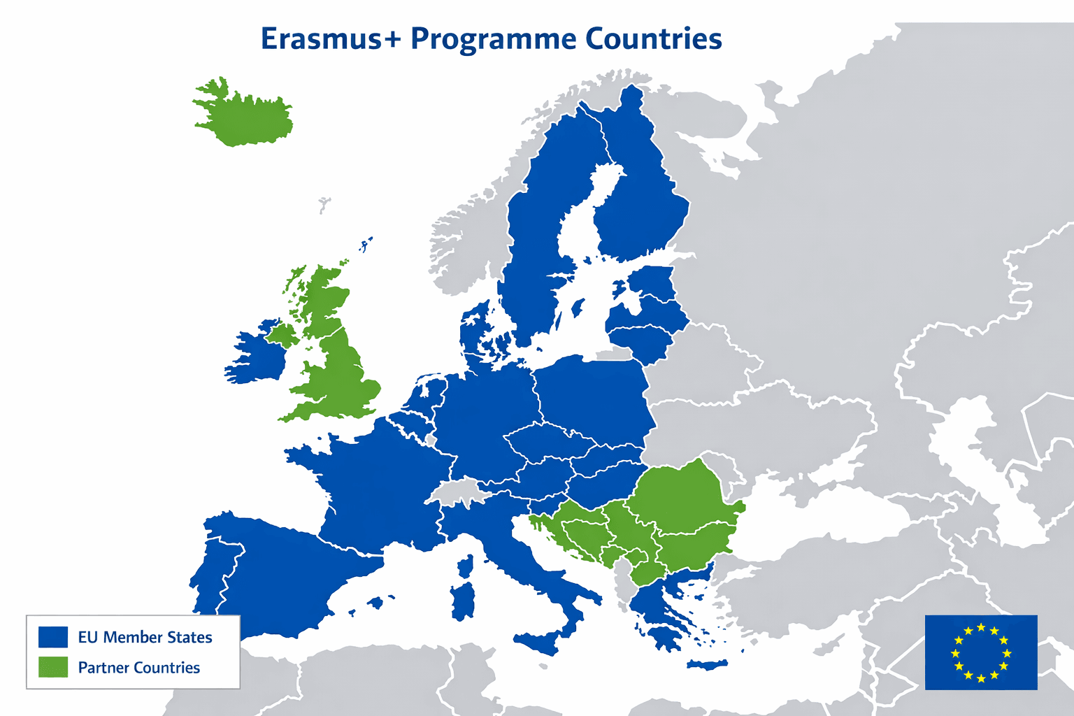 Map of Erasmus programme countries in Europe.