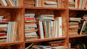 Shelf with foreign language books.