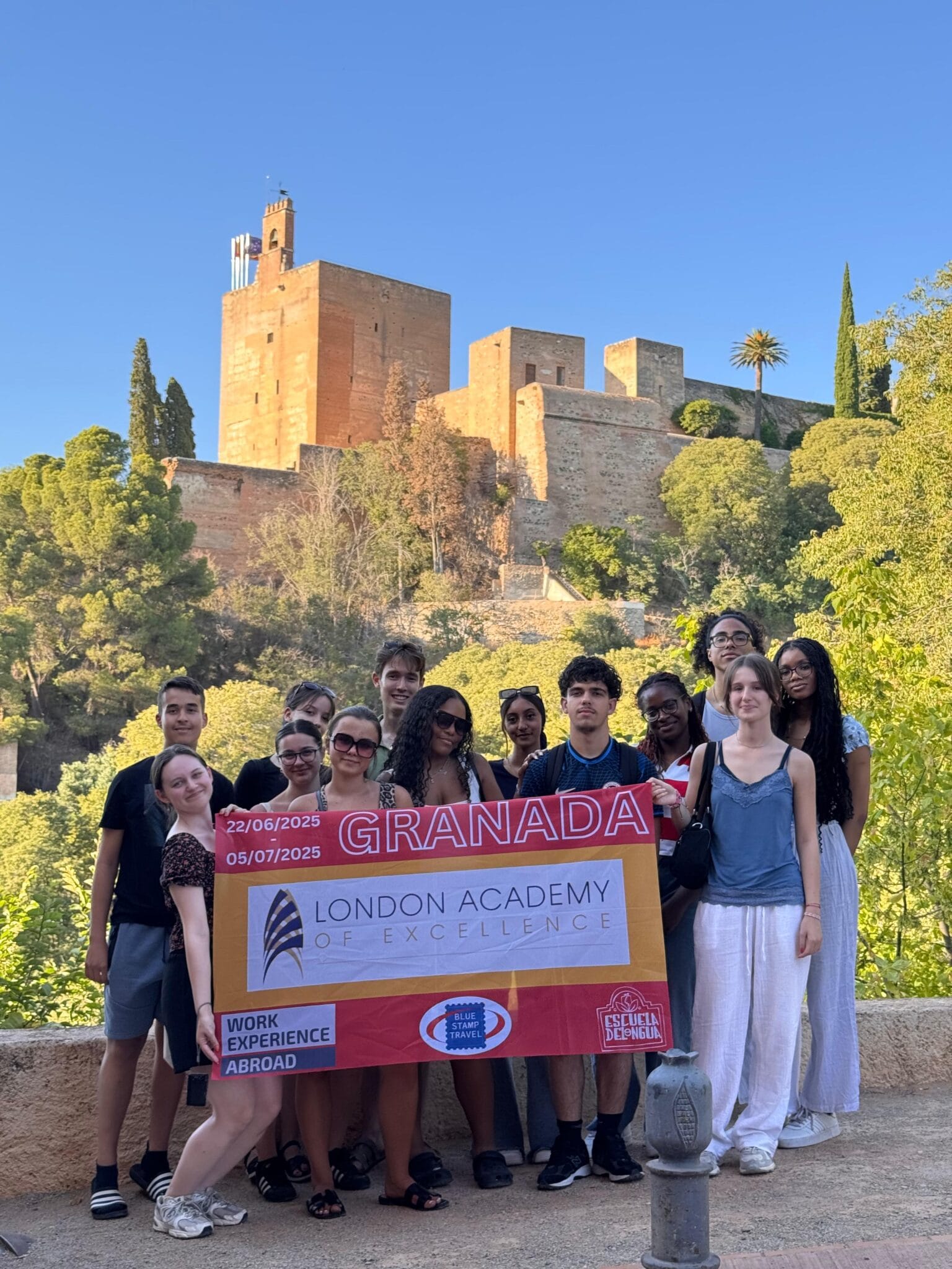 London Academy of Excellence students at the Alhambra in Granada during their study travel abroad.