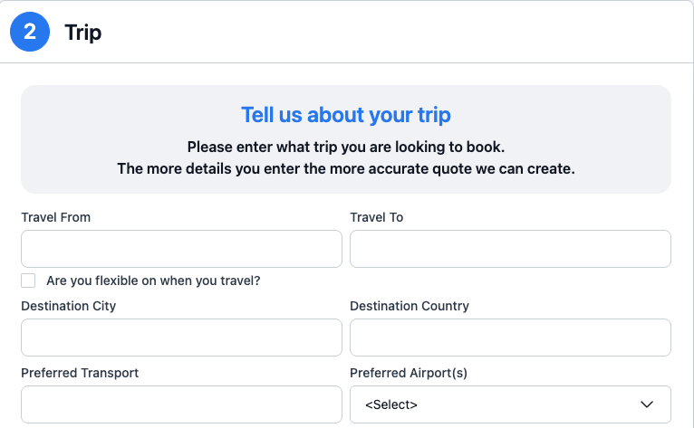 Screenshot of an online form to collect trip planning information