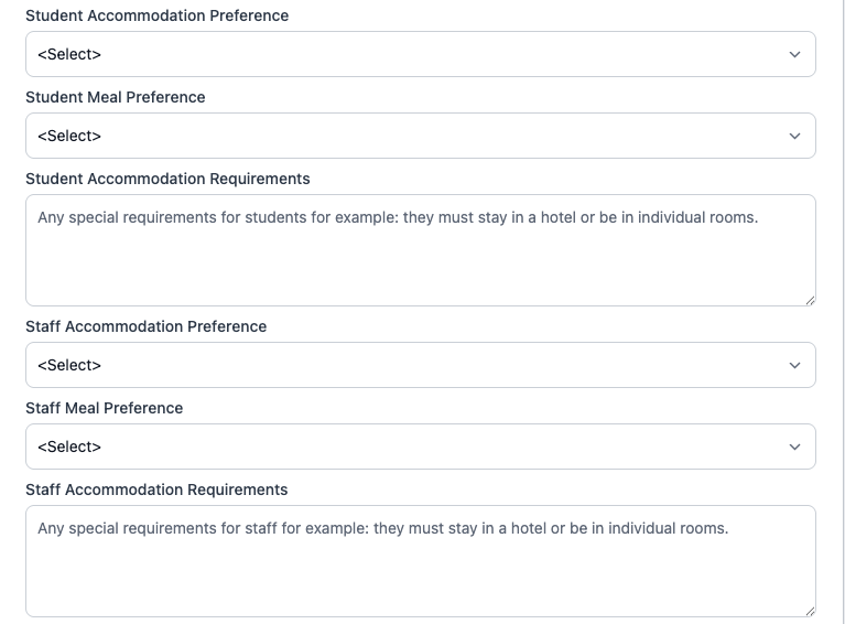 A screenshot of a web form to collect information about accommodation and meals preferences