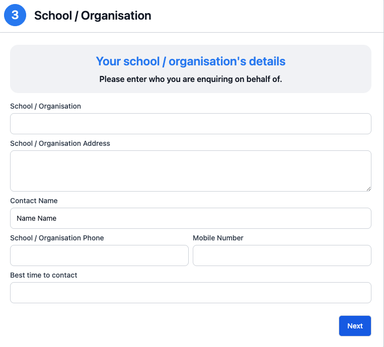A screenshot of a web form to collect personal and school information
