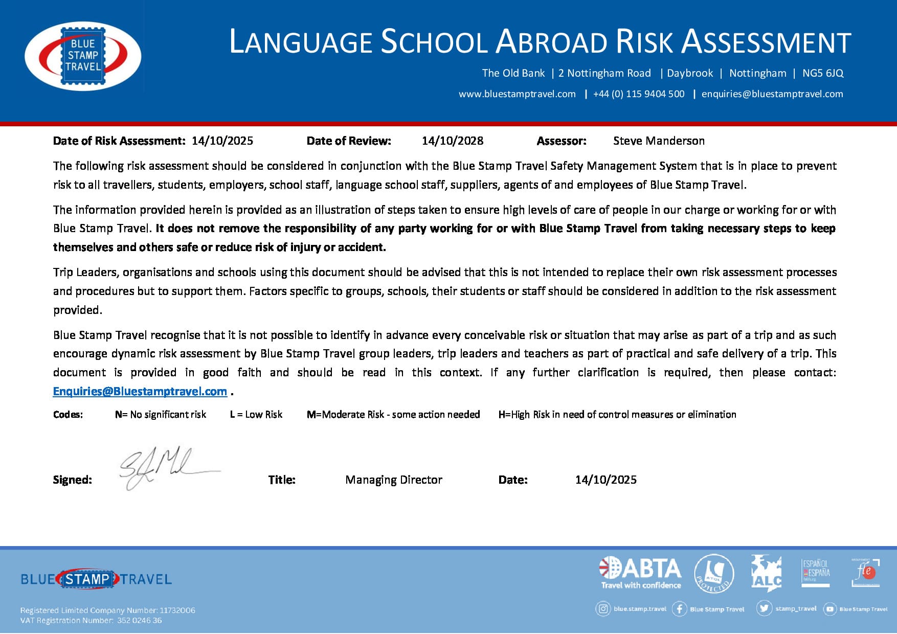 Language School Abroad Generic Risk Assessment