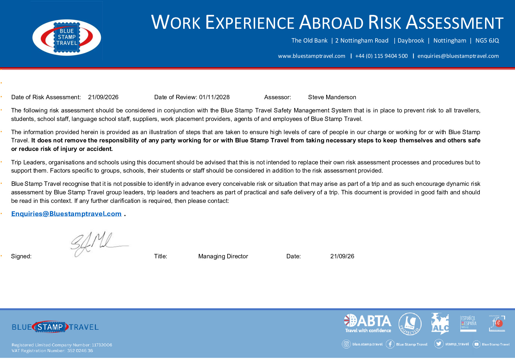 Work Experience Risk Assessment