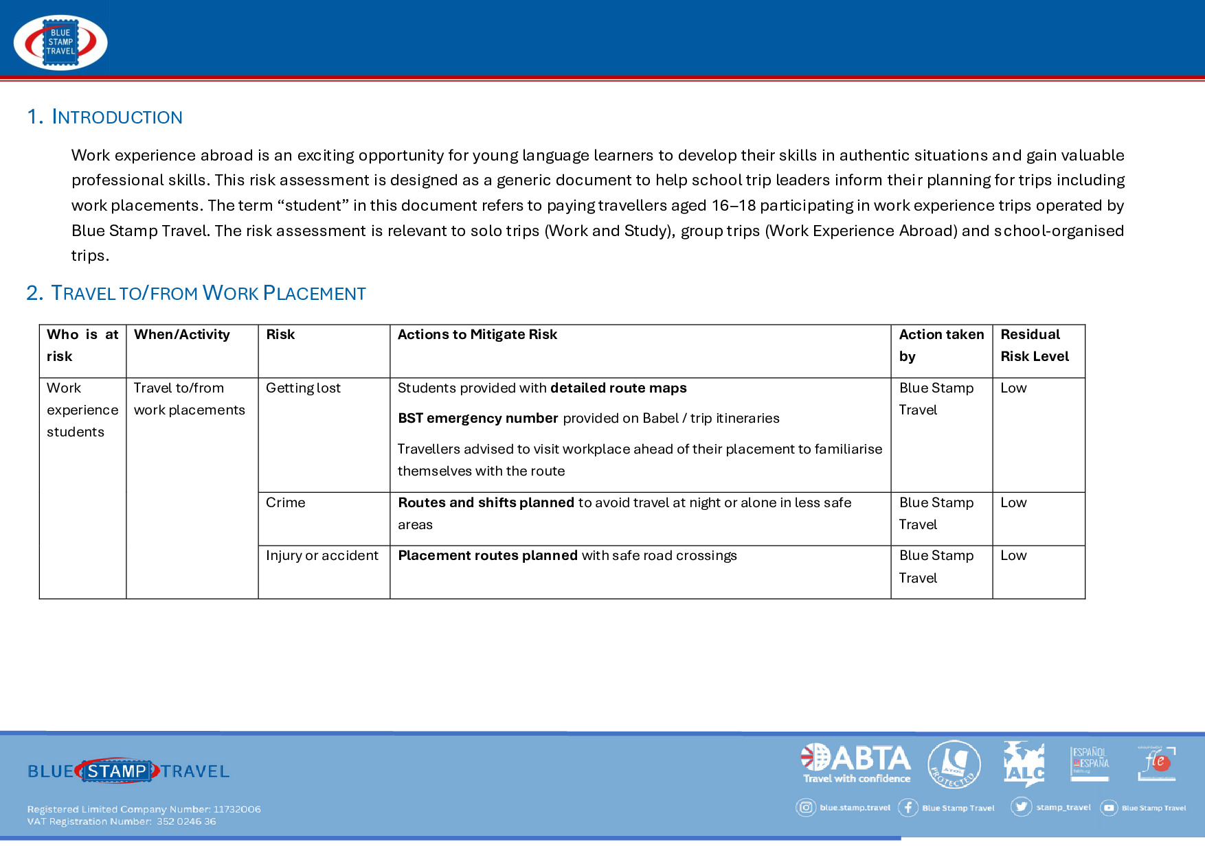 Work Experience Risk Assessment