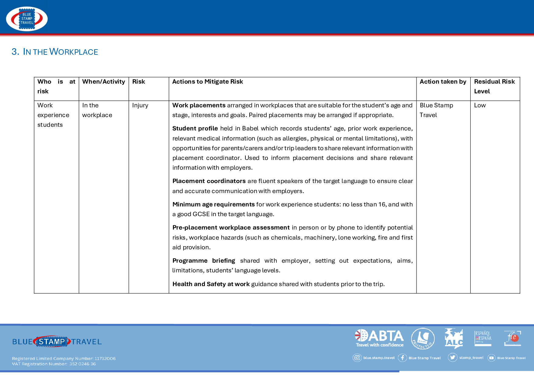 Work Experience Risk Assessment